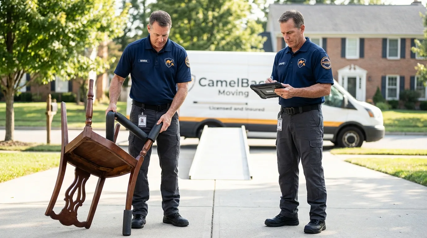 Movers inspecting furniture for damage prevention before loading in Painesville, OH