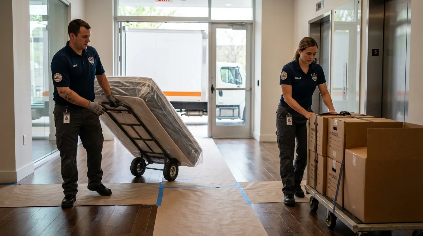 Professional apartment movers loading elevator in Painesville, OH
