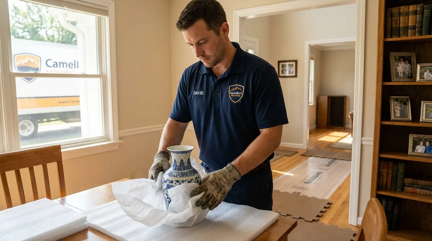 Professional crew carefully wrapping antique vase for senior downsizing move in Painesville, OH